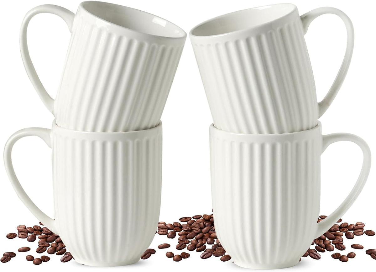 HASENSE Textured Large Coffee Mugs Set of 4, 16 Oz Ribbed Ceramic Cups with Large Handle for Latte Tea Cappuccino, Stackable Embossed Mug Set for Mom Dad, Microwave Dishwasher Safe, Creamy White