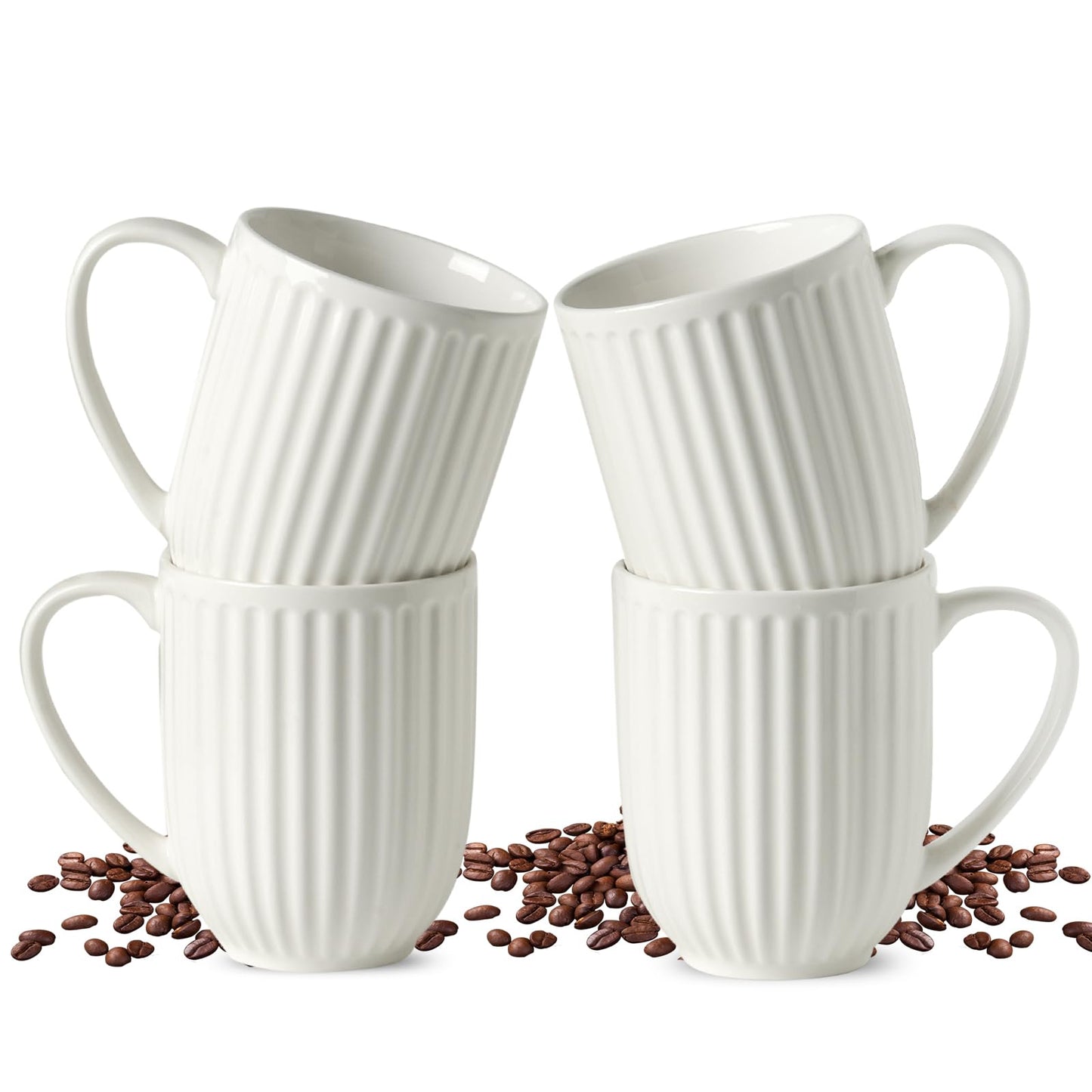 HASENSE Textured Large Coffee Mugs Set of 4, 16 Oz Ribbed Ceramic Cups with Large Handle for Latte Tea Cappuccino, Stackable Embossed Mug Set for Mom Dad, Microwave Dishwasher Safe, Creamy White