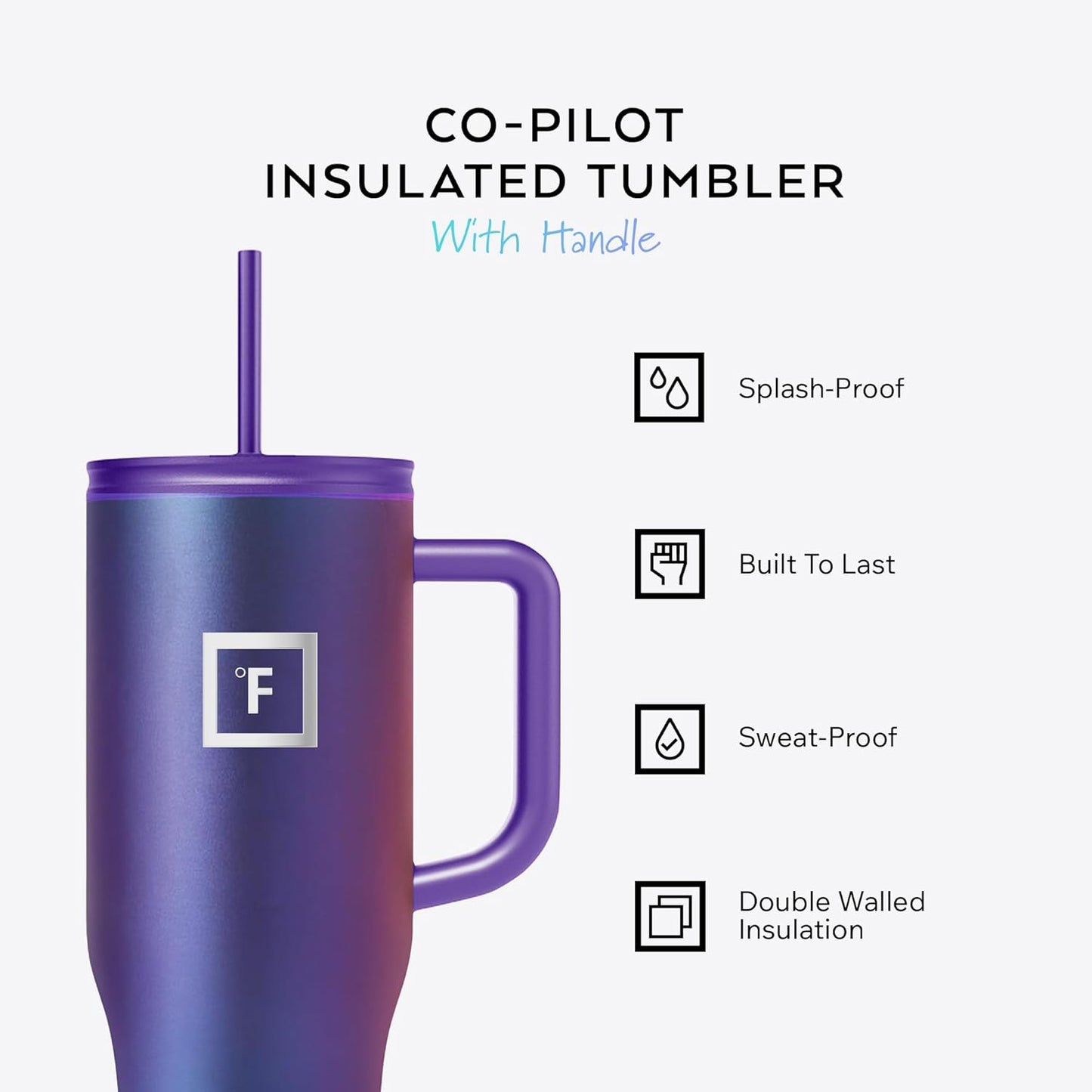 IRON °FLASK 40 oz Co-Pilot Insulated Travel Mug | Insulated Travel Mug with Straw & Flip Cap Lids - Cup Holder Fit, Leakproof, BPA Free (Aurora)
