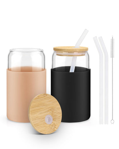 sungwoo 4PCS Glass Cups with Bamboo Lids and Straws, 16OZ Ice Coffee Cup, Drinking Cup set with Wooden Lids, Home Essential Glass Tumblers for Beer, Cocktail, Tea and Latte Clear