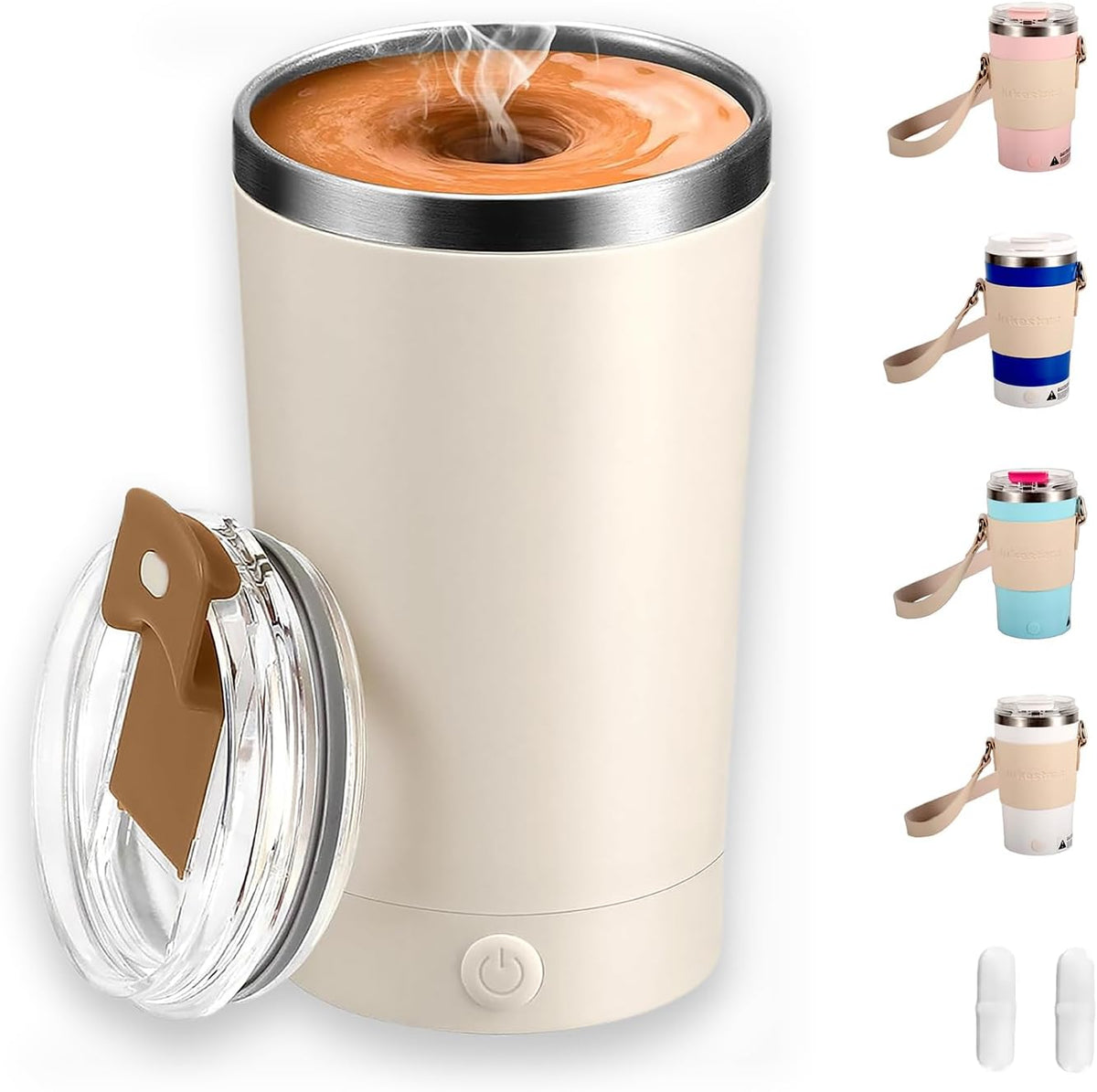 Self Stirring Mug with Lid, 13.5oz Magnetic Stirring Coffee Cup, Rechargeable 316 Stainless Steel, Auto-Mixing for Coffee, Milk, Protein Powder（Beige）