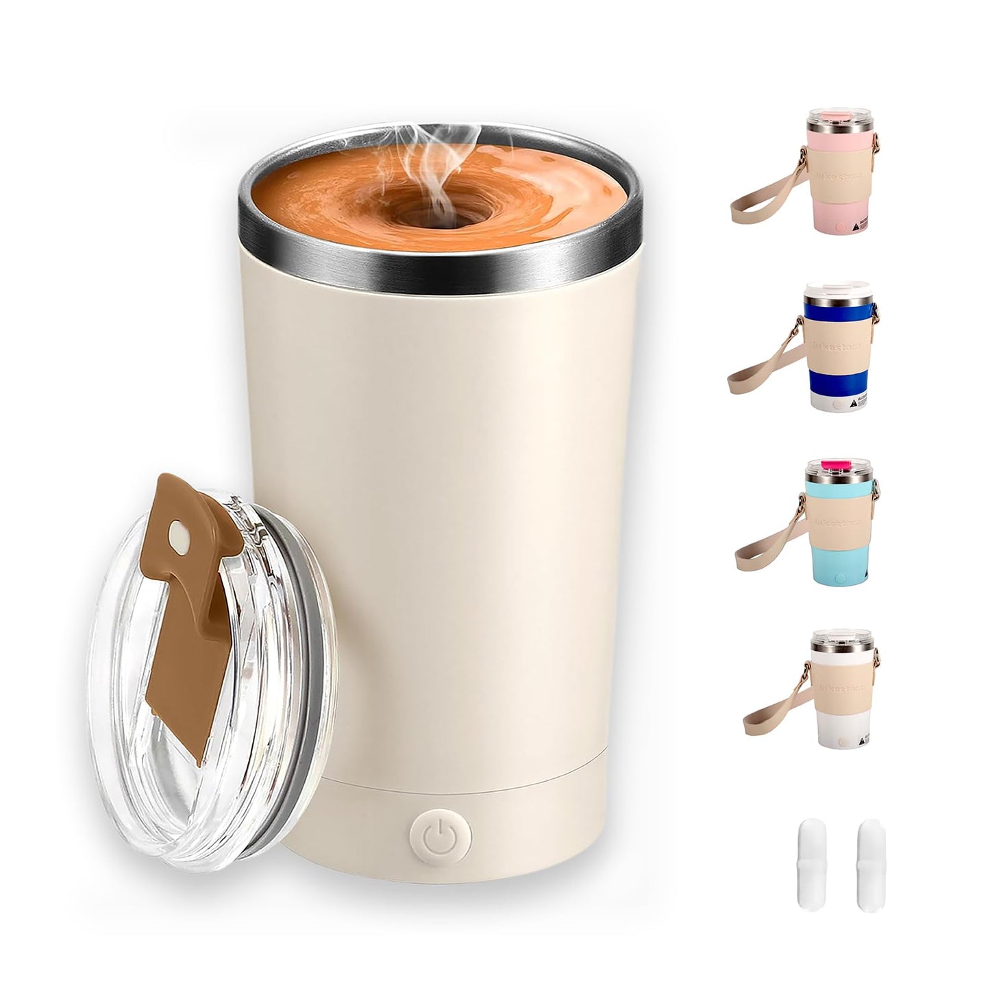 Self Stirring Mug with Lid, 13.5oz Magnetic Stirring Coffee Cup, Rechargeable 316 Stainless Steel, Auto-Mixing for Coffee, Milk, Protein Powder（Beige）