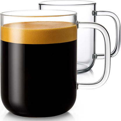 Aquach 20oz Glass Coffee Mugs Set of 2, Clear Borosilicate Cups with Handle | Dishwasher/Microwave Safe, Borosilicate Glass, Single-walled, Smooth Rim, Handle Comfort, Large Capacity