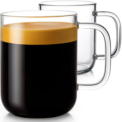Aquach 20oz Glass Coffee Mugs Set of 2, Clear Borosilicate Cups with Handle | Dishwasher/Microwave Safe, Borosilicate Glass, Single-walled, Smooth Rim, Handle Comfort, Large Capacity