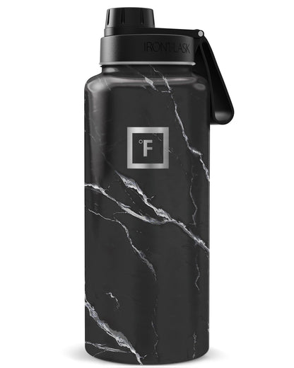 IRON °FLASK 32 oz Wide Mouth Water Bottle with 3 Lids | Insulated Stainless Steel Sports Water Bottle with 3 Leakproof Lids - BPA Free, Cold 24 Hrs, Sweat Free (Midnight Black)
