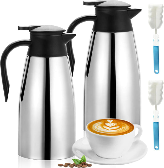 2 PCS 68 OZ Thermal Coffee Carafe Insulated Stainless Steel Pitcher | Double Walled Vacuum Pot Flask Creamer Pitcher Dispenser with Brushes Keeping Hot Water Milk Tea