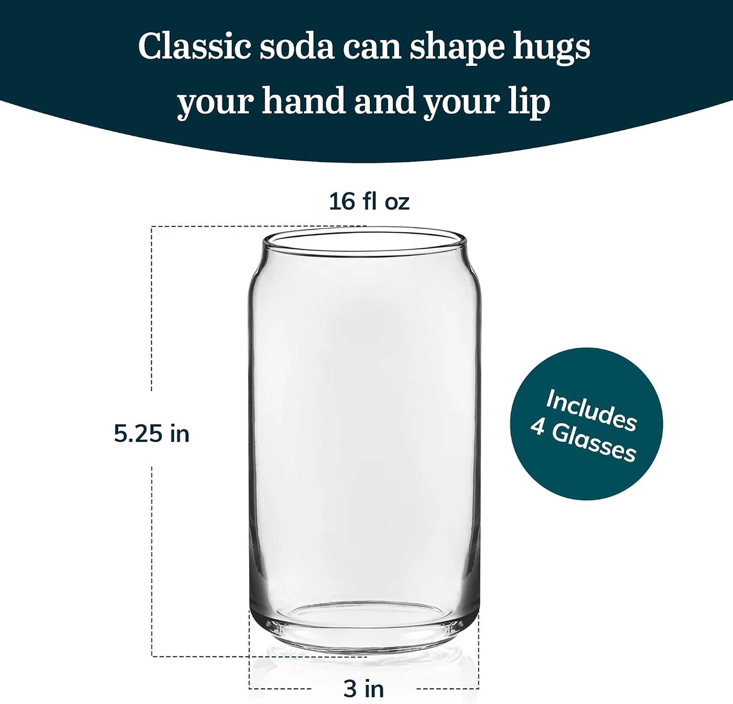 Libbey Classic Can Shaped Drinking Glasses Set of 4, Clear Kitchen Glass Tumbler, 16 Oz, Dishwasher Safe Glass Cups Set for Beverages and Cocktails