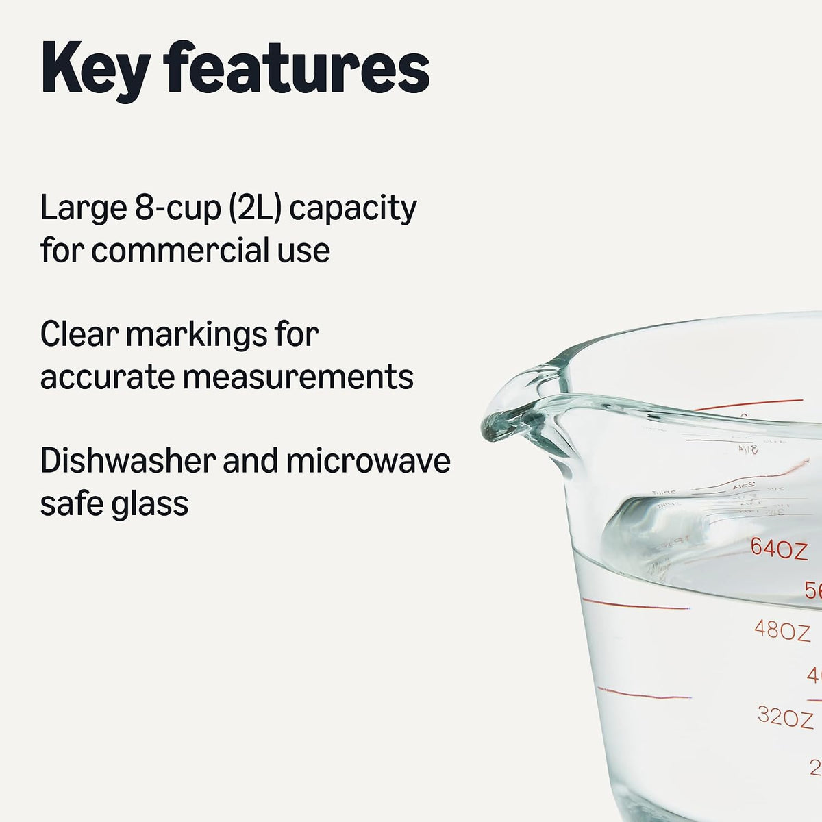 Amazon Basics Large Size Glass Measuring Cup, 8 Cup, Easy-to-Read Markings, Dishwasher/Microwave/Freezer/Oven Safe (Previously AmazonCommercial)