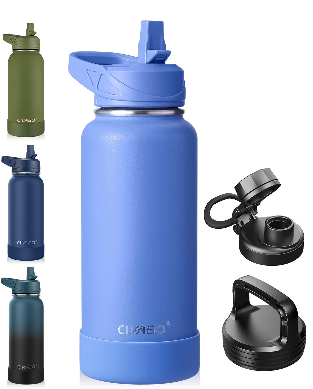 CIVAGO 40 oz Insulated Stainless Steel Water Bottle With Straw and 3 Lids | Large Metal Sports Water Jug, Leakproof Reusable Wide Mouth Thermal Flask Cup with Silicone Boot, BPA-Free, Midnight Black