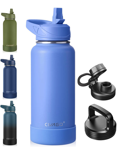 CIVAGO 40 oz Insulated Stainless Steel Water Bottle With Straw and 3 Lids | Large Metal Sports Water Jug, Leakproof Reusable Wide Mouth Thermal Flask Cup with Silicone Boot, BPA-Free, Midnight Black