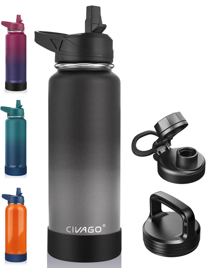 CIVAGO 40 oz Insulated Stainless Steel Water Bottle With Straw and 3 Lids | Large Metal Sports Water Jug, Leakproof Reusable Wide Mouth Thermal Flask Cup with Silicone Boot, BPA-Free, Midnight Black