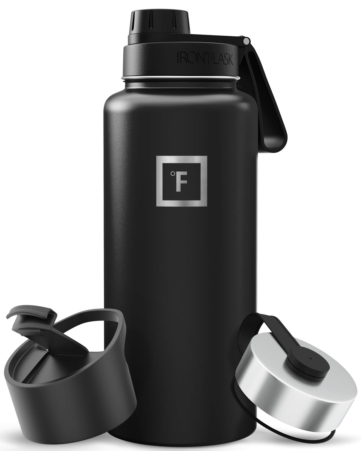 IRON °FLASK 32 oz Wide Mouth Water Bottle with 3 Lids | Insulated Stainless Steel Sports Water Bottle with 3 Leakproof Lids - BPA Free, Cold 24 Hrs, Sweat Free (Midnight Black)