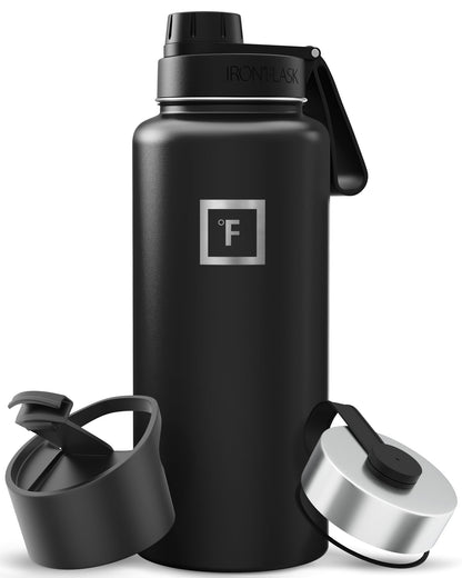 IRON °FLASK 32 oz Wide Mouth Water Bottle with 3 Lids | Insulated Stainless Steel Sports Water Bottle with 3 Leakproof Lids - BPA Free, Cold 24 Hrs, Sweat Free (Midnight Black)
