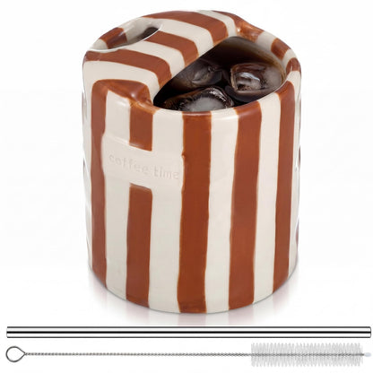 2 Pack Ceramic Mug with Sip Hole, Simple, Green, Brown | 10oz Ceramic Coffee Cup with Straws, Retro Hand Painted Striped, for Iced Coffee Tea Latte Espresso, Kitchen Dining Travel