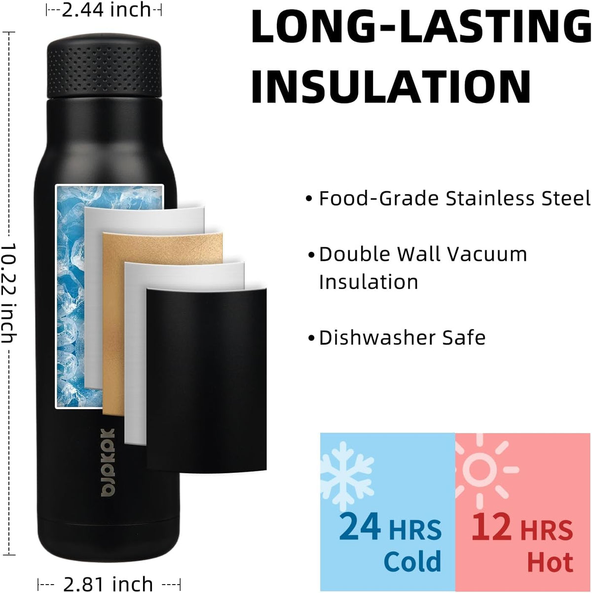 BJPKPK 21 oz Insulated Water Bottle, Leakproof Stainless Steel Flask | Double Wall Vacuum, Keeps Hot/Cold, Metal, BPA Free, Dishwasher Safe, Slim, Cupholder, Narrow, Reusable, Black