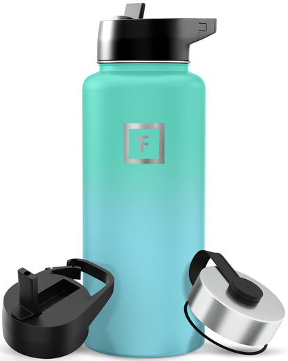 IRON °FLASK 32 oz Wide Mouth Water Bottle with 3 Lids | Insulated Stainless Steel Sports Water Bottle with 3 Leakproof Lids - BPA Free, Cold 24 Hrs, Sweat Free (Midnight Black)