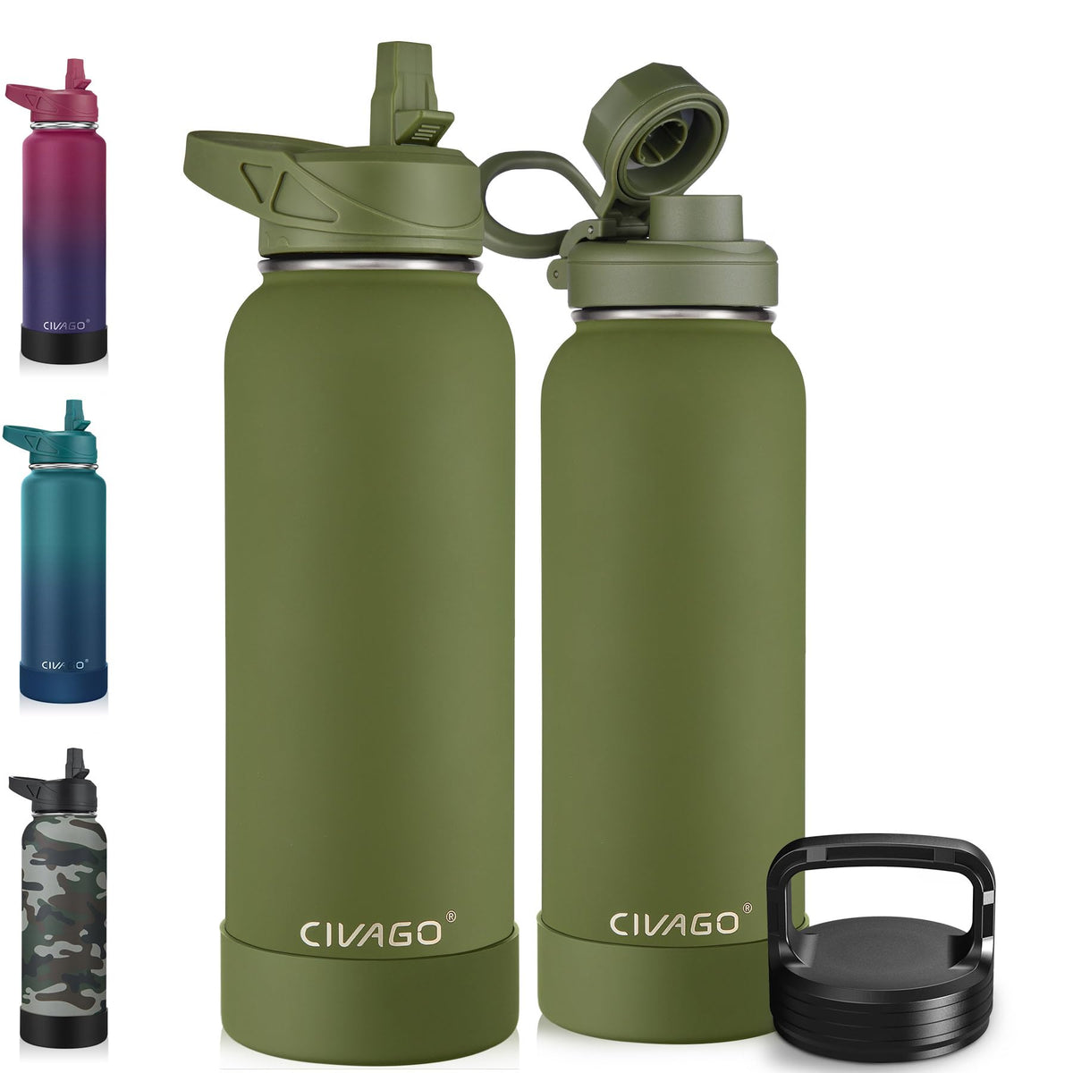 CIVAGO 40 oz Insulated Stainless Steel Water Bottle With Straw and 3 Lids | Large Metal Sports Water Jug, Leakproof Reusable Wide Mouth Thermal Flask Cup with Silicone Boot, BPA-Free, Midnight Black