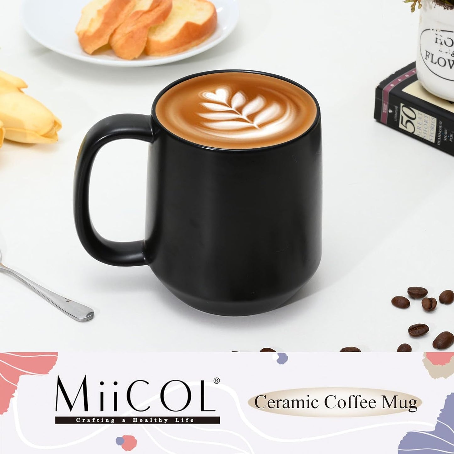 Miicol Ceramic Coffee Mug, 16 oz Large Coffee Cup, Tea Mug with Handle, Flat Bottom Mug for Men, Women, Office, Microwave and Dishwasher Safe, Multi-Color, Black