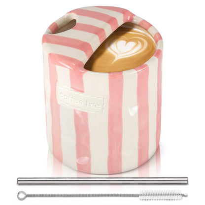 2 Pack Ceramic Mug with Sip Hole, Simple, Green, Brown | 10oz Ceramic Coffee Cup with Straws, Retro Hand Painted Striped, for Iced Coffee Tea Latte Espresso, Kitchen Dining Travel