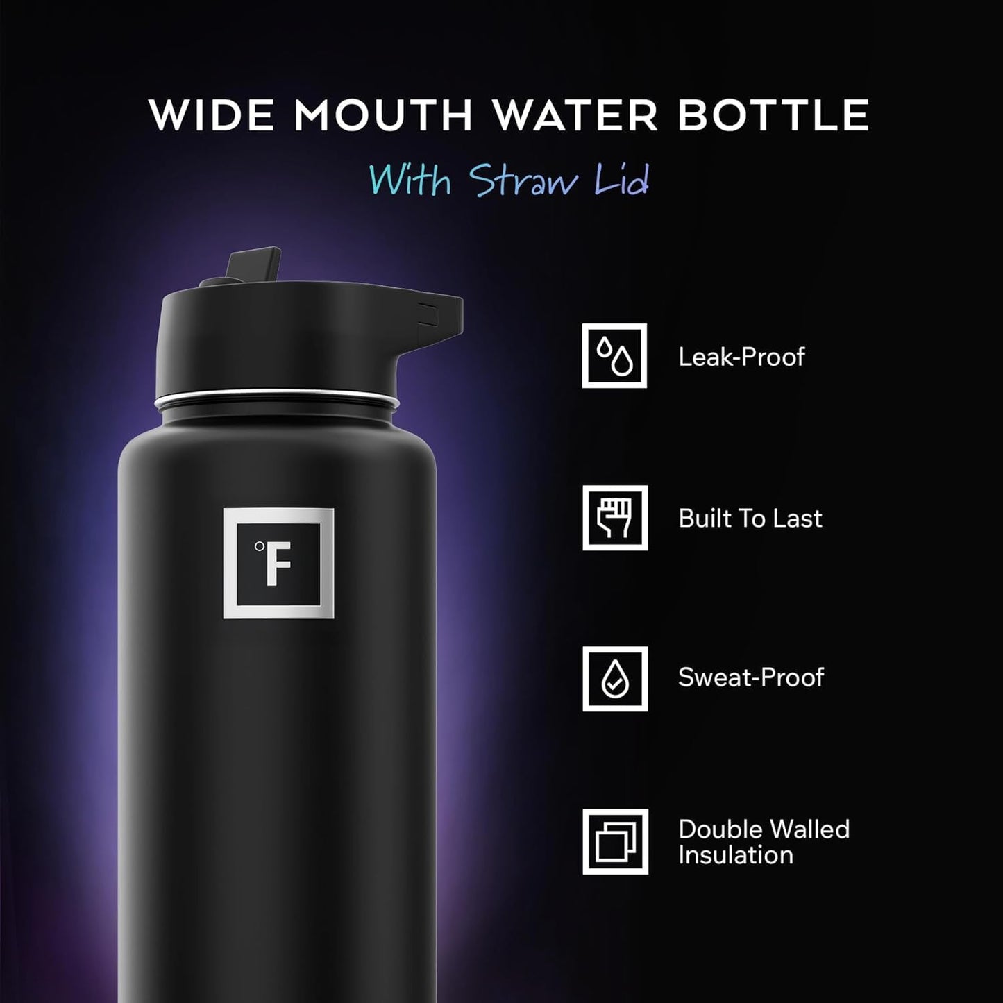 IRON °FLASK 32 oz Wide Mouth Water Bottle with 3 Lids | Insulated Stainless Steel Sports Water Bottle with 3 Leakproof Lids - BPA Free, Cold 24 Hrs, Sweat Free (Midnight Black)