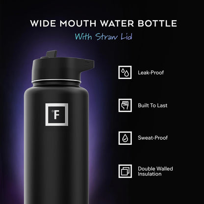 IRON °FLASK 32 oz Wide Mouth Water Bottle with 3 Lids | Insulated Stainless Steel Sports Water Bottle with 3 Leakproof Lids - BPA Free, Cold 24 Hrs, Sweat Free (Midnight Black)