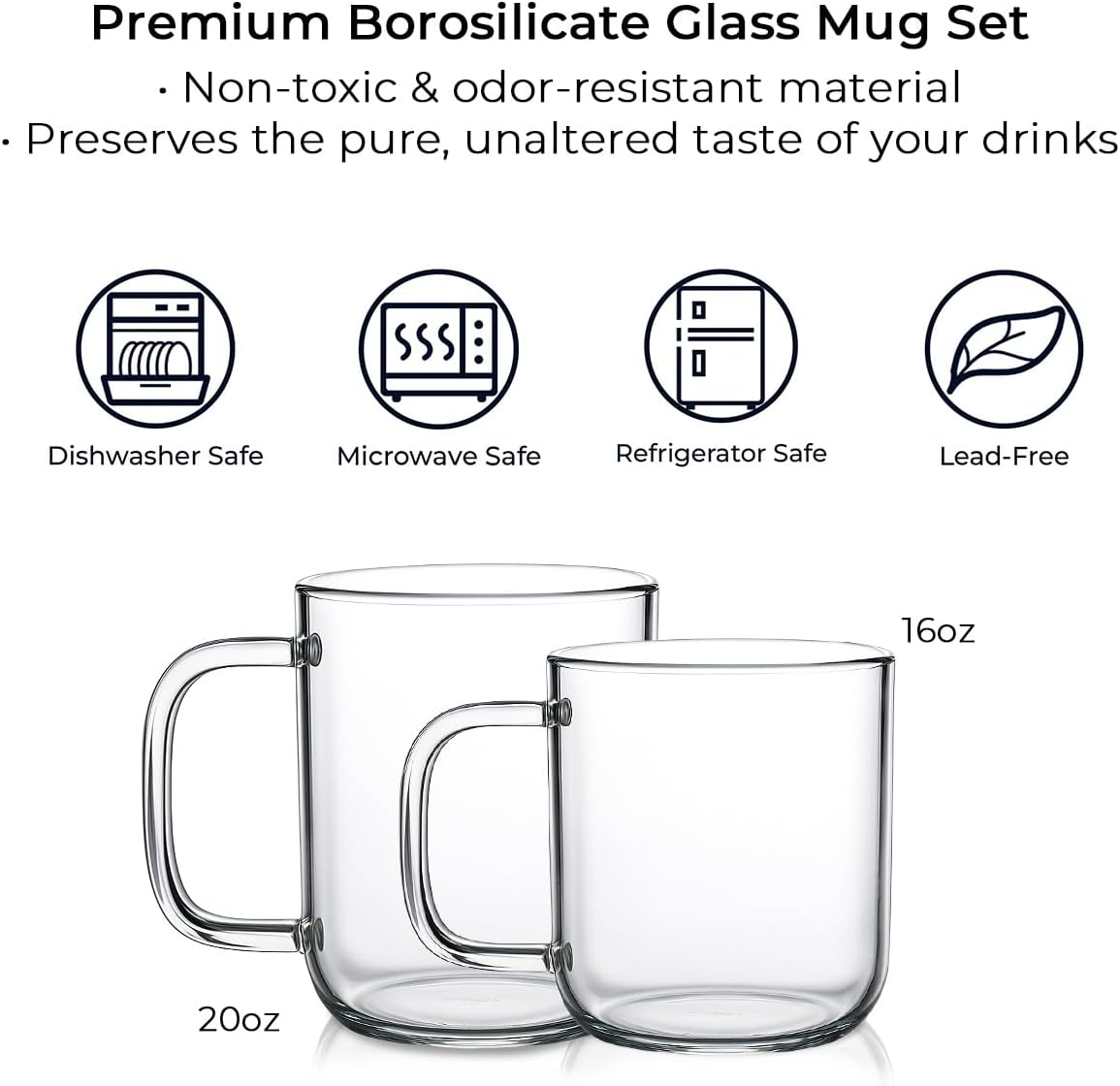 Aquach 20oz Glass Coffee Mugs Set of 2, Clear Borosilicate Cups with Handle | Dishwasher/Microwave Safe, Borosilicate Glass, Single-walled, Smooth Rim, Handle Comfort, Large Capacity