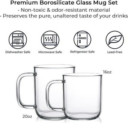Aquach 20oz Glass Coffee Mugs Set of 2, Clear Borosilicate Cups with Handle | Dishwasher/Microwave Safe, Borosilicate Glass, Single-walled, Smooth Rim, Handle Comfort, Large Capacity