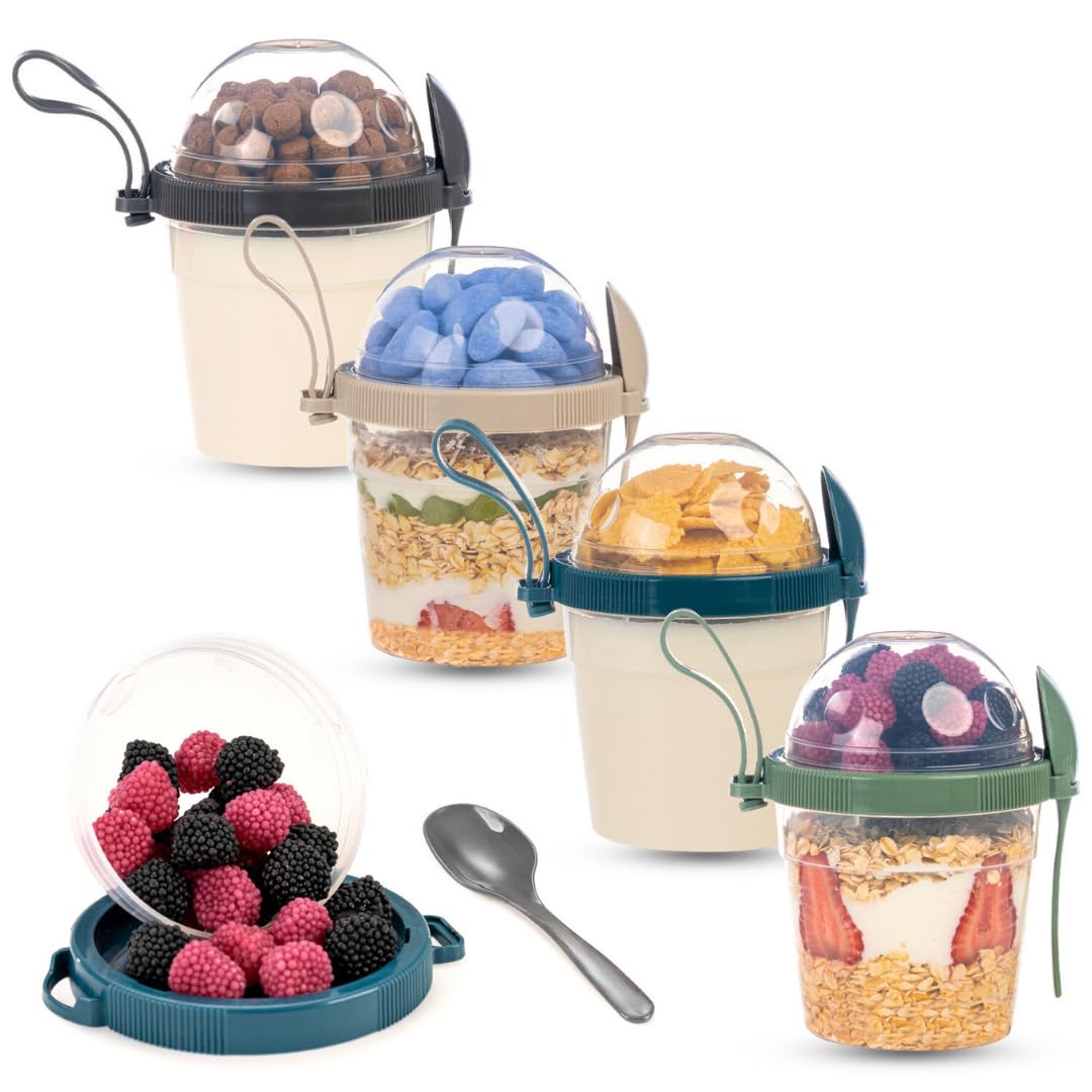 4 Pack On The Go Cereal Yogurt Cups with Lids and Spoon, 20 oz Reusable Parfait Plastic Milk Breakfast Crunch Granola Oatmeal Smoothie Snack Prep Bowl (4 Colors Set With Handle, 20 oz)