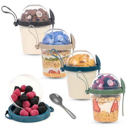 4 Pack On The Go Cereal Yogurt Cups with Lids and Spoon, 20 oz Reusable Parfait Plastic Milk Breakfast Crunch Granola Oatmeal Smoothie Snack Prep Bowl (4 Colors Set With Handle, 20 oz)