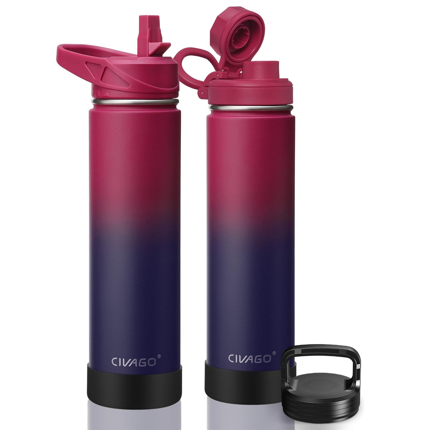 CIVAGO 40 oz Insulated Stainless Steel Water Bottle With Straw and 3 Lids | Large Metal Sports Water Jug, Leakproof Reusable Wide Mouth Thermal Flask Cup with Silicone Boot, BPA-Free, Midnight Black
