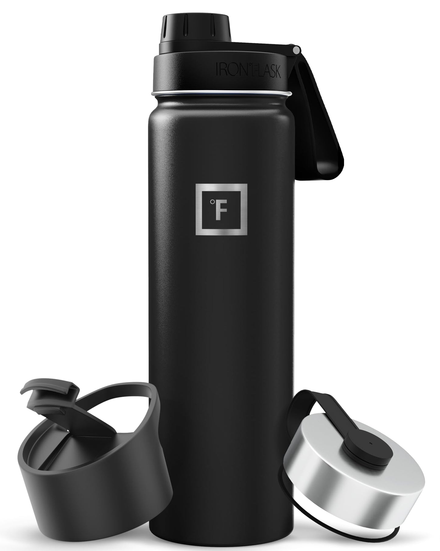 IRON °FLASK 32 oz Wide Mouth Water Bottle with 3 Lids | Insulated Stainless Steel Sports Water Bottle with 3 Leakproof Lids - BPA Free, Cold 24 Hrs, Sweat Free (Midnight Black)