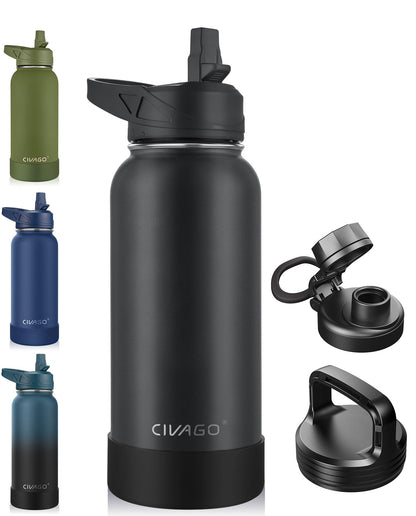 CIVAGO 40 oz Insulated Stainless Steel Water Bottle With Straw and 3 Lids | Large Metal Sports Water Jug, Leakproof Reusable Wide Mouth Thermal Flask Cup with Silicone Boot, BPA-Free, Midnight Black