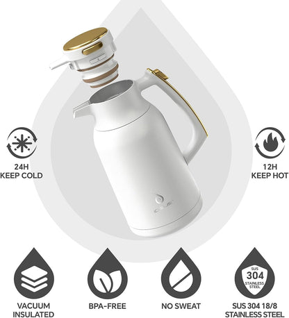 IDEUS Thermal Coffee Carafe, Stainless Steel Double Wall Insulated Vacuum Flask, Water Jug Coffee Server and Beverage Dispenser, Heat and Cold Retention (White-Gold, 68, Fluid Ounces)