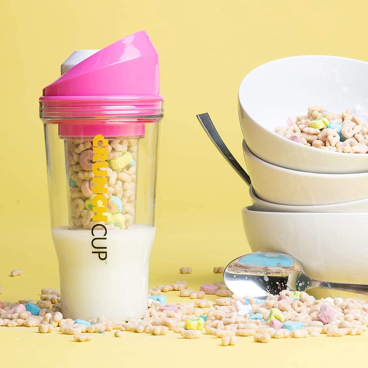 CRUNCHCUP XL Portable Cereal Cup for Breakfast On the Go - Pink | Skip the Spoon and Bowl - Designed for a quick, convenient breakfast at home, on the go, or during busy mornings.
