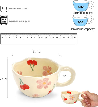 Yopay 2 Pack Ceramic Coffee Mug with Spoon, 8oz Handmade Hot Chocolate Mugs, Cute Cup for Girl Microwave Safe, Aesthetic Tea Milk Cup with Handle for Latte, Cocoa, Gift, Mom(Cherry flower)