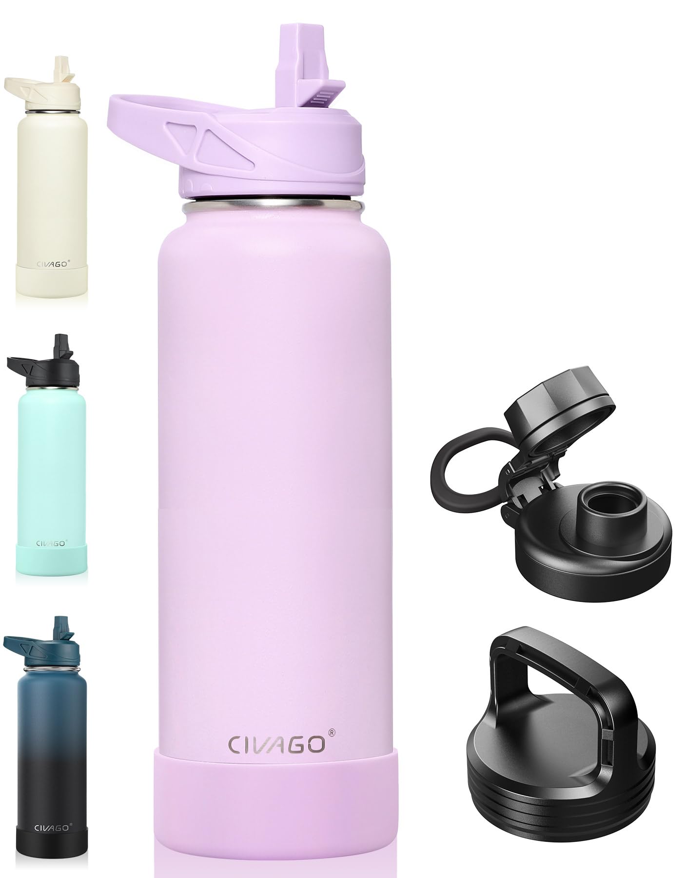 CIVAGO 40 oz Insulated Stainless Steel Water Bottle With Straw and 3 Lids | Large Metal Sports Water Jug, Leakproof Reusable Wide Mouth Thermal Flask Cup with Silicone Boot, BPA-Free, Midnight Black