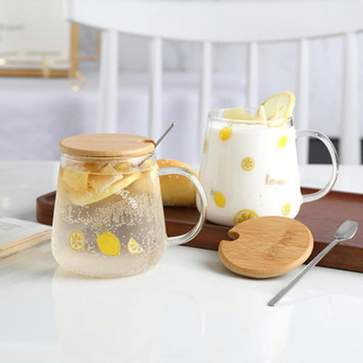 450ml/15oz Fruit Glass Lemon Milk Breakfast Cup With Lid Spoon, Lightweight And Heat-Resistant Water Cup For Home And Office Use-GK-B model