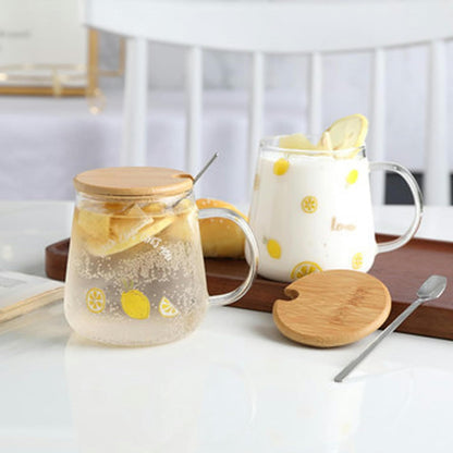 450ml/15oz Fruit Glass Lemon Milk Breakfast Cup With Lid Spoon, Lightweight And Heat-Resistant Water Cup For Home And Office Use-GK-B model