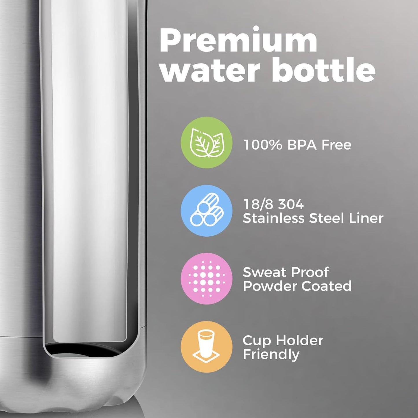 Volhoply 17oz Insulated Stainless Steel Water Bottle, Double Wall Vacuum Flask, Keeps Cold 24h & Hot 12h, Available in Packs of 1, 4, or 8（Silver,1 Pack)