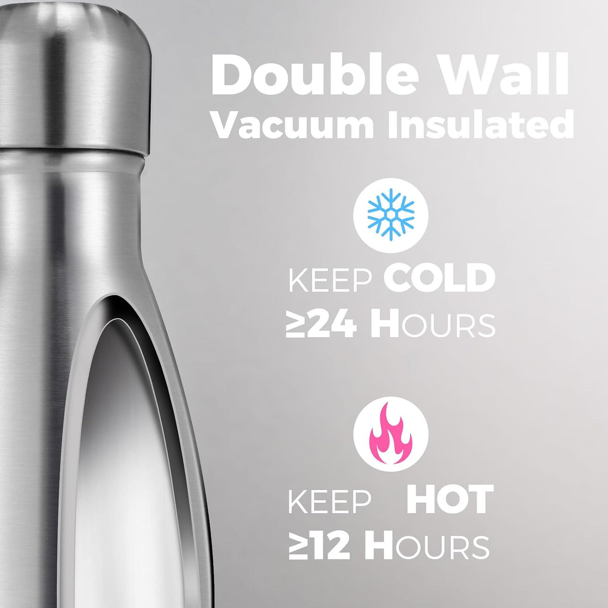 Volhoply 17oz Insulated Stainless Steel Water Bottle, Double Wall Vacuum Flask, Keeps Cold 24h & Hot 12h, Available in Packs of 1, 4, or 8（Silver,1 Pack)