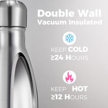 Volhoply 17oz Insulated Stainless Steel Water Bottle, Double Wall Vacuum Flask, Keeps Cold 24h & Hot 12h, Available in Packs of 1, 4, or 8（Silver,1 Pack)