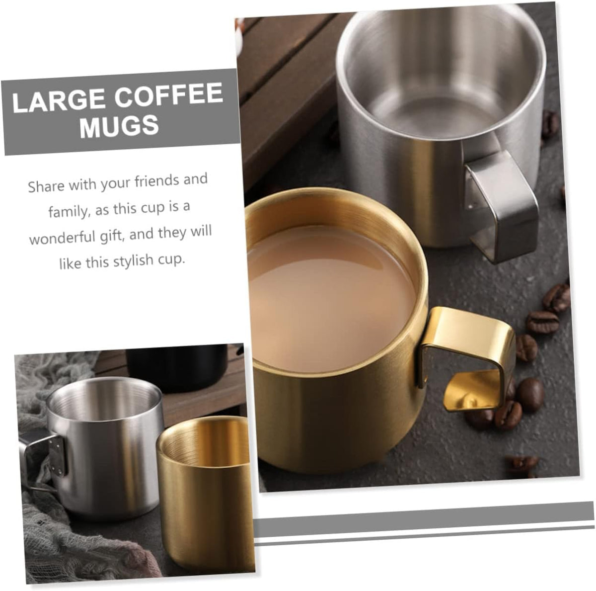 VICASKY Stainless Steel Double Breakfast Cup with Handle Insulated Milk and Cereal Mug for Home and Restaurant Use Household Stainless Mug Silver
