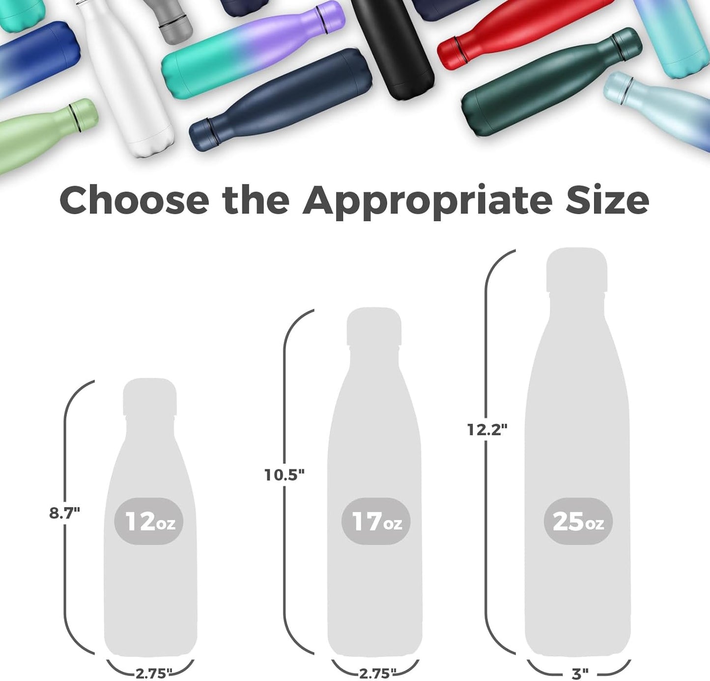 Volhoply 17oz Insulated Stainless Steel Water Bottle, Double Wall Vacuum Flask, Keeps Cold 24h & Hot 12h, Available in Packs of 1, 4, or 8（Silver,1 Pack)