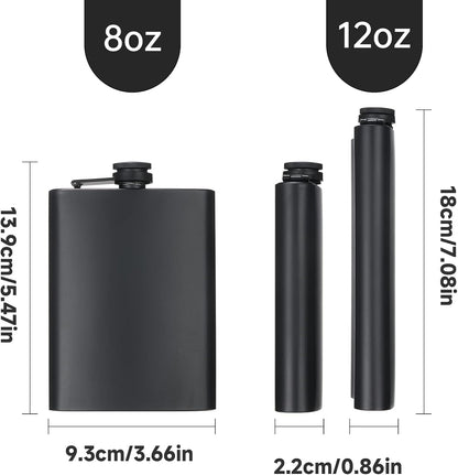 2 Pack Hip Flasks for Liquor, 8 Oz & 12 Oz Stainless Steel Leakproof Thin Flasks with Funnel for Men & Women (Matte Black)