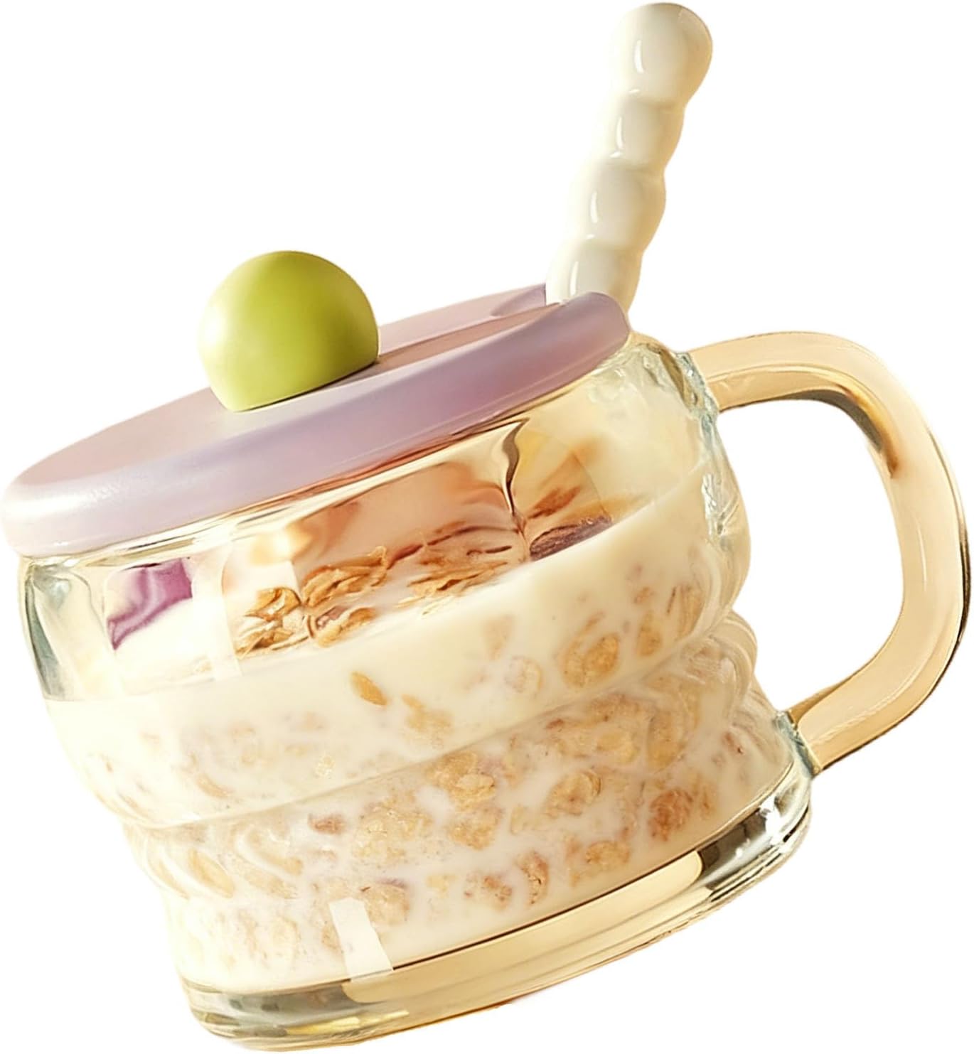 2 Pcs 10.1 Fl Oz Breakfast Cups With Lid And Spoon, Elegant Transparent Glass Coffee Mugs With Handle For Milk, Oatmeal, Yogurt