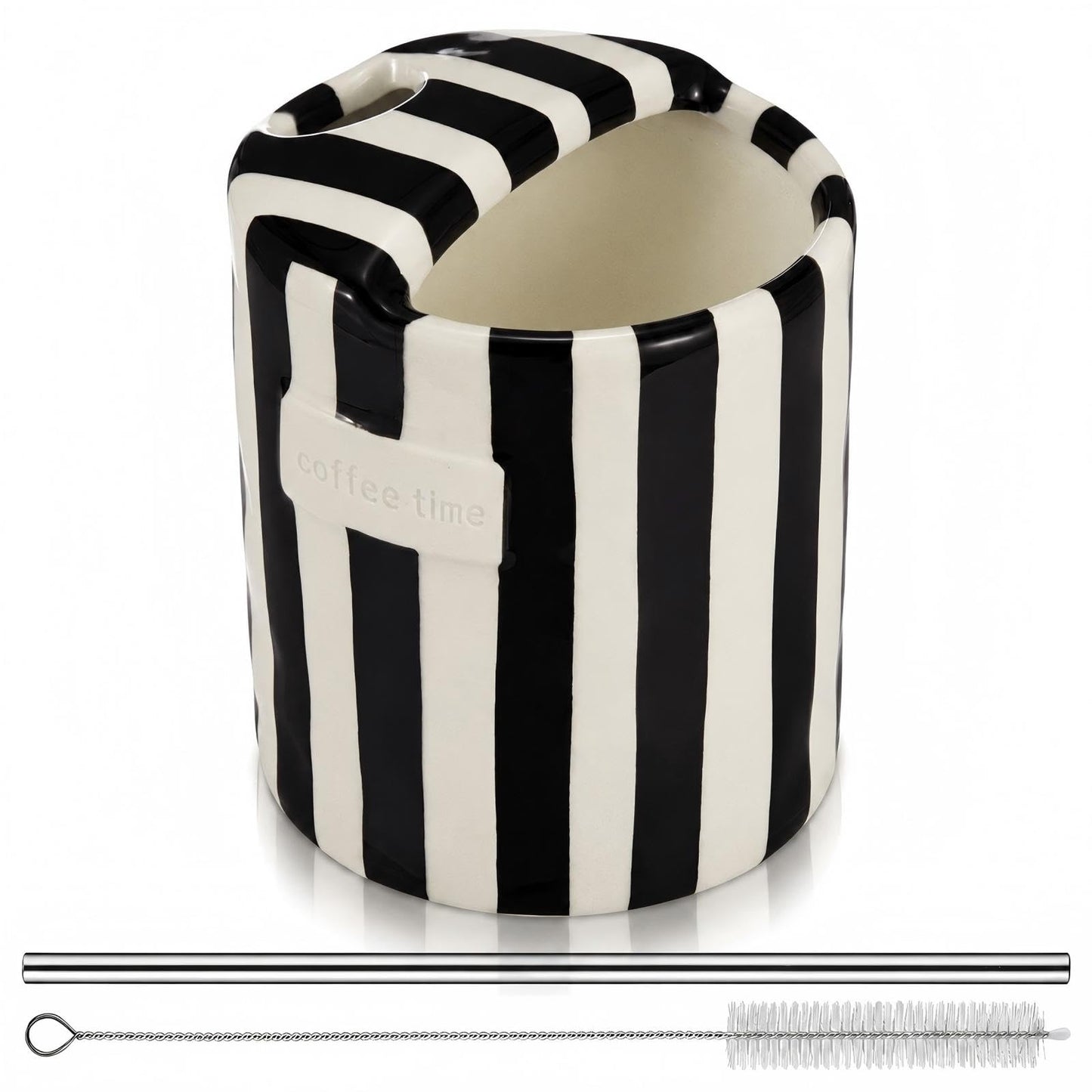 2 Pack Ceramic Mug with Sip Hole, Simple, Green, Brown | 10oz Ceramic Coffee Cup with Straws, Retro Hand Painted Striped, for Iced Coffee Tea Latte Espresso, Kitchen Dining Travel