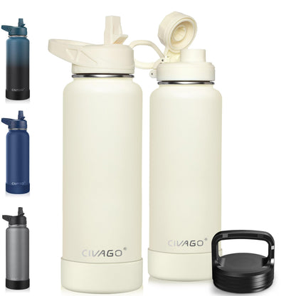 CIVAGO 40 oz Insulated Stainless Steel Water Bottle With Straw and 3 Lids | Large Metal Sports Water Jug, Leakproof Reusable Wide Mouth Thermal Flask Cup with Silicone Boot, BPA-Free, Midnight Black