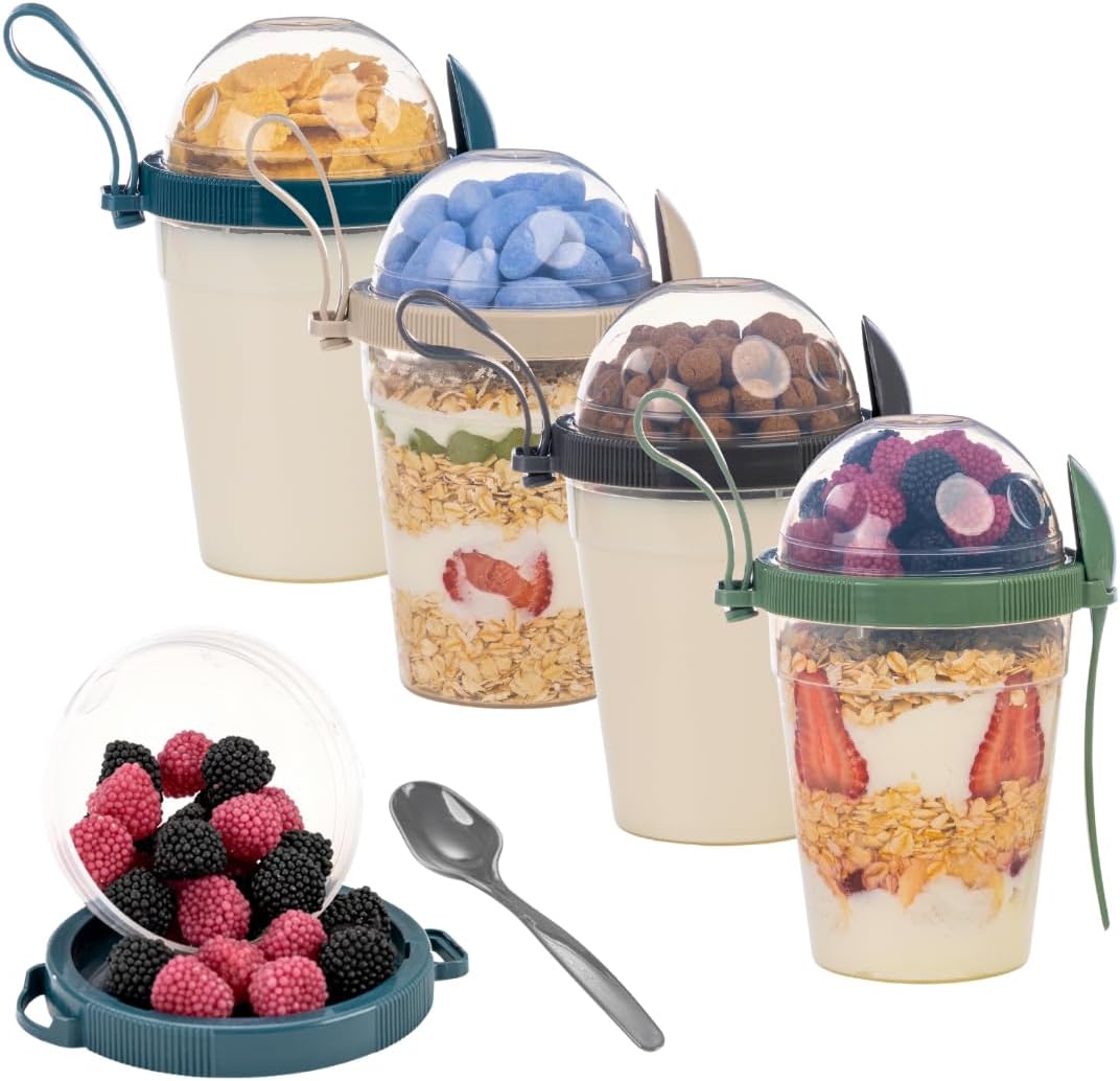 4 Pack On The Go Cereal Yogurt Cups with Lids and Spoon, 20 oz Reusable Parfait Plastic Milk Breakfast Crunch Granola Oatmeal Smoothie Snack Prep Bowl (4 Colors Set With Handle, 20 oz)