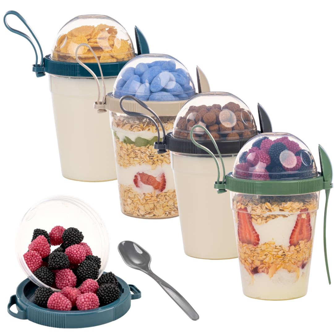 4 Pack On The Go Cereal Yogurt Cups with Lids and Spoon, 20 oz Reusable Parfait Plastic Milk Breakfast Crunch Granola Oatmeal Smoothie Snack Prep Bowl (4 Colors Set With Handle, 20 oz)