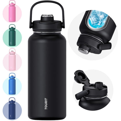 TOURIT 24 oz Insulated Stainless Steel Water Bottle, Obsidian | Double-wall vacuum thermal flask with top handle, leakproof & BPA-free design for sports, gym, hiking & travel use